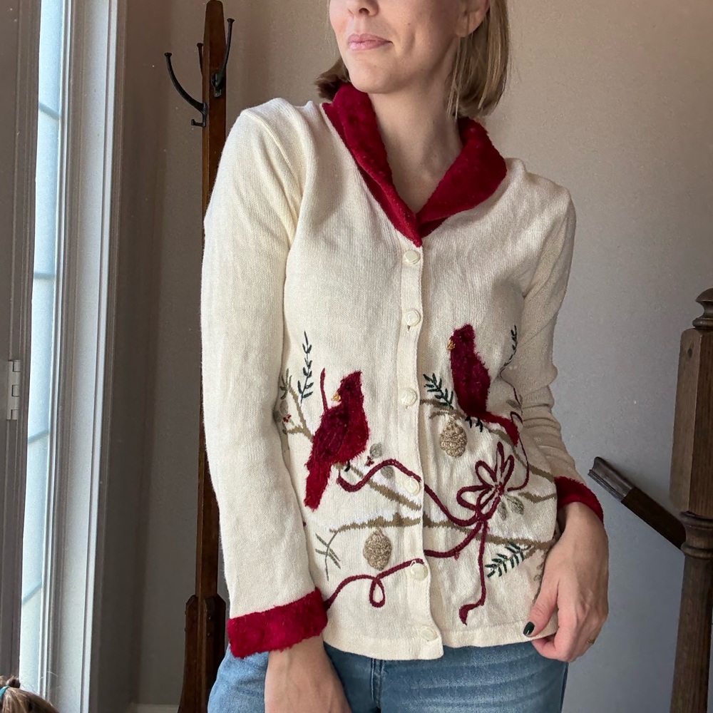 Women's Cream and Red Cardigan Sweater
